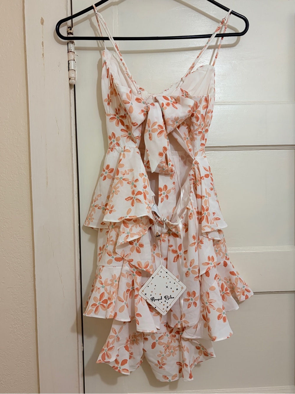 Angel Biba White Romper with Peach Floral Print and Tie-Back Detail